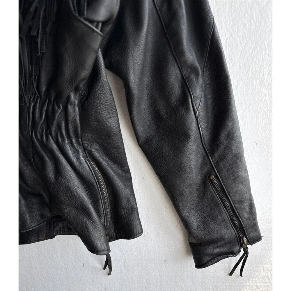 Vintage UNIK Premium Rose Fringe Motorcycle Leather Jacket Black Women’s Large - Picture 6 of 12